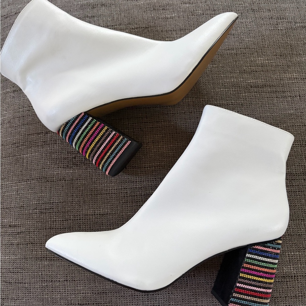 Betsey Johnson White Rainbow Bejeweled Pointed Toe Heel Ankle Boots 8M